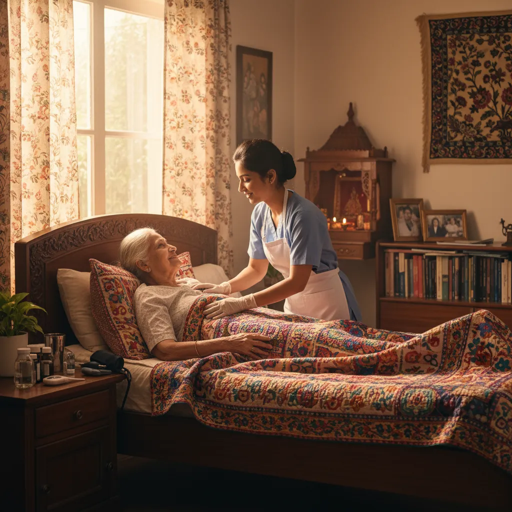 Home nurse providing bedside care to a bedridden patient in an Indian home setting in Mysore, showing professional nursing support and medical equipment.